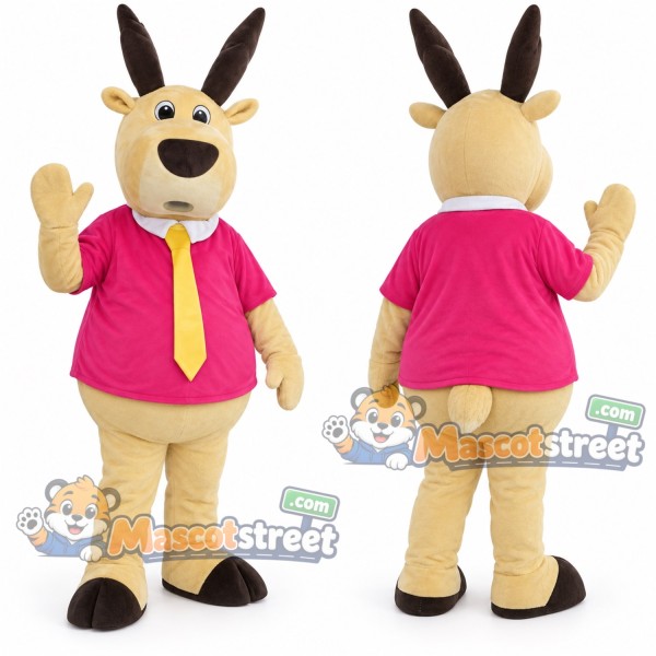 Tan Antelope Mascot Costume with Pink Shirt and Yellow Tie