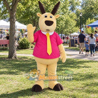 Tan Antelope Mascot Costume with Pink Shirt and Yellow Tie