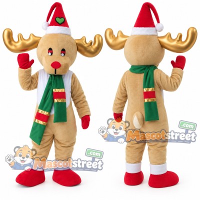 Tan Reindeer Mascot Costume with Striped Scarf and Santa Hat Tan Reindeer Mascot Costume with Striped Scarf and Santa Hat