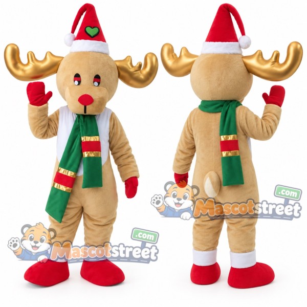 Tan Reindeer Mascot Costume with Striped Scarf and Santa Hat
