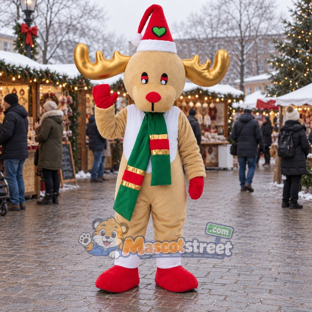 Tan Reindeer Mascot Costume with Striped Scarf and Santa Hat Tan Reindeer Mascot Costume with Striped Scarf and Santa Hat