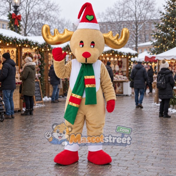 Tan Reindeer Mascot Costume with Striped Scarf and Santa Hat
