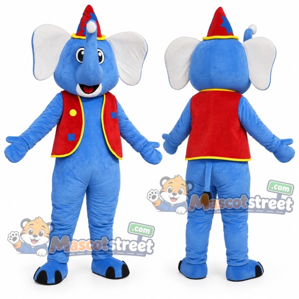 Blue Elephant Mascot Costume with Red Vest and Party Hat