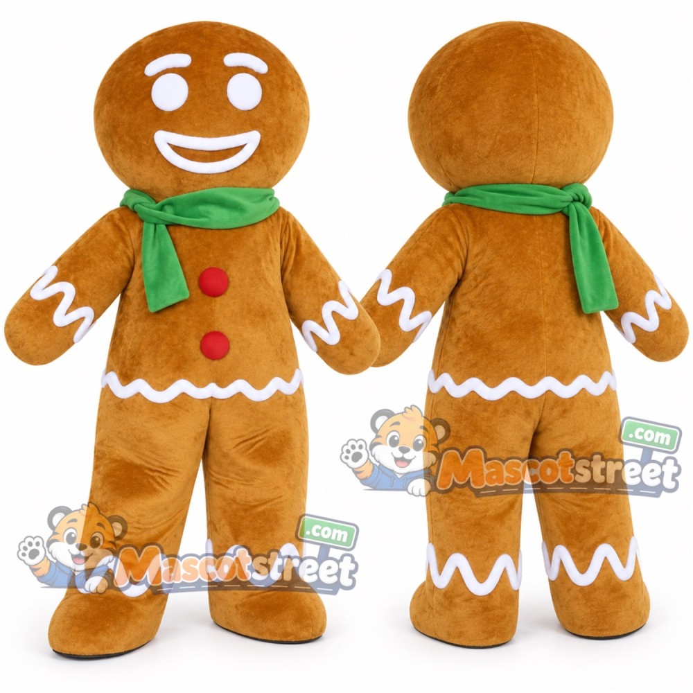 Gingerbread Person Mascot Costume with Green Scarf
