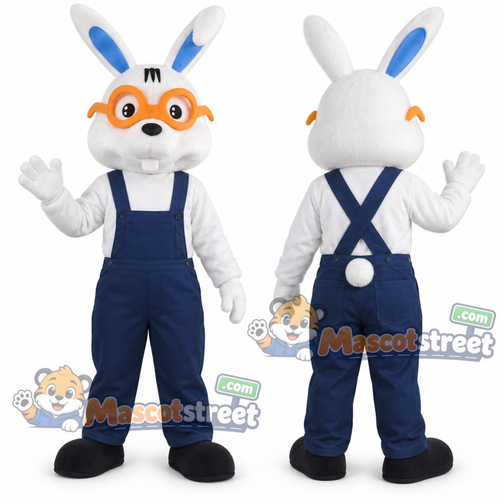 White Rabbit Mascot Costume with Navy Overalls and Orange Goggles