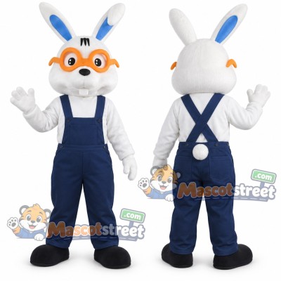 White Rabbit Mascot Costume with Navy Overalls and Orange Goggles
