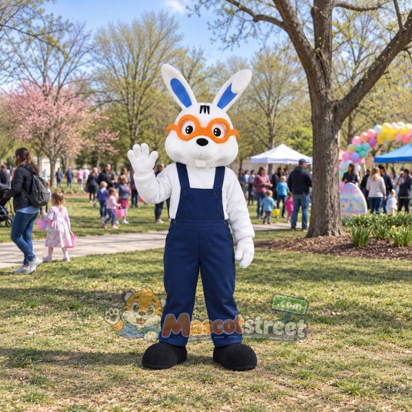 White Rabbit Mascot Costume with Navy Overalls and Orange Goggles