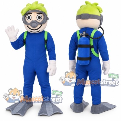 Diver Mascot Costume with Blue Wetsuit and Green Mask Diver Mascot Costume with Blue Wetsuit and Green Mask