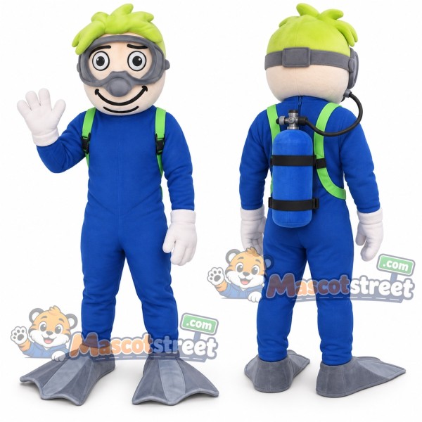 Diver Mascot Costume with Blue Wetsuit and Green Mask