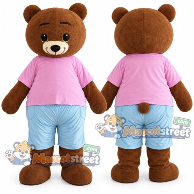 Brown Bear Mascot Costume with Pink Shirt and Blue Shorts Brown Bear Mascot Costume with Pink Shirt and Blue Shorts