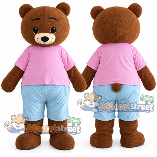 Brown Bear Mascot Costume with Pink Shirt and Blue Shorts