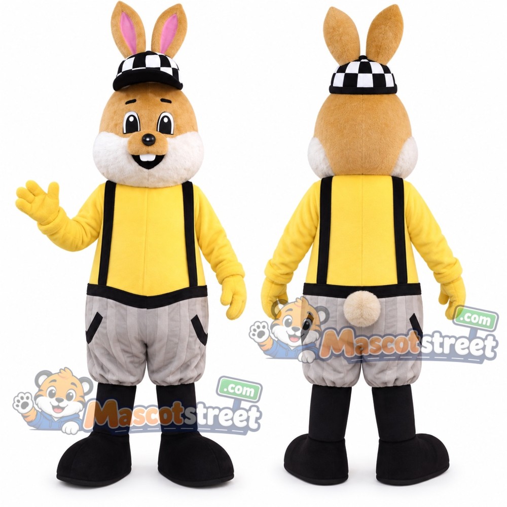 Tan Rabbit Mascot Costume with Yellow Shirt, Gray Shorts and Checkered Cap Tan Rabbit Mascot Costume with Yellow Shirt, Gray Shorts and Checkered Cap