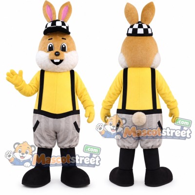 Tan Rabbit Mascot Costume with Yellow Shirt, Gray Shorts and Checkered Cap Tan Rabbit Mascot Costume with Yellow Shirt, Gray Shorts and Checkered Cap