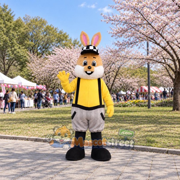 Tan Rabbit Mascot Costume with Yellow Shirt, Gray Shorts and Checkered Cap