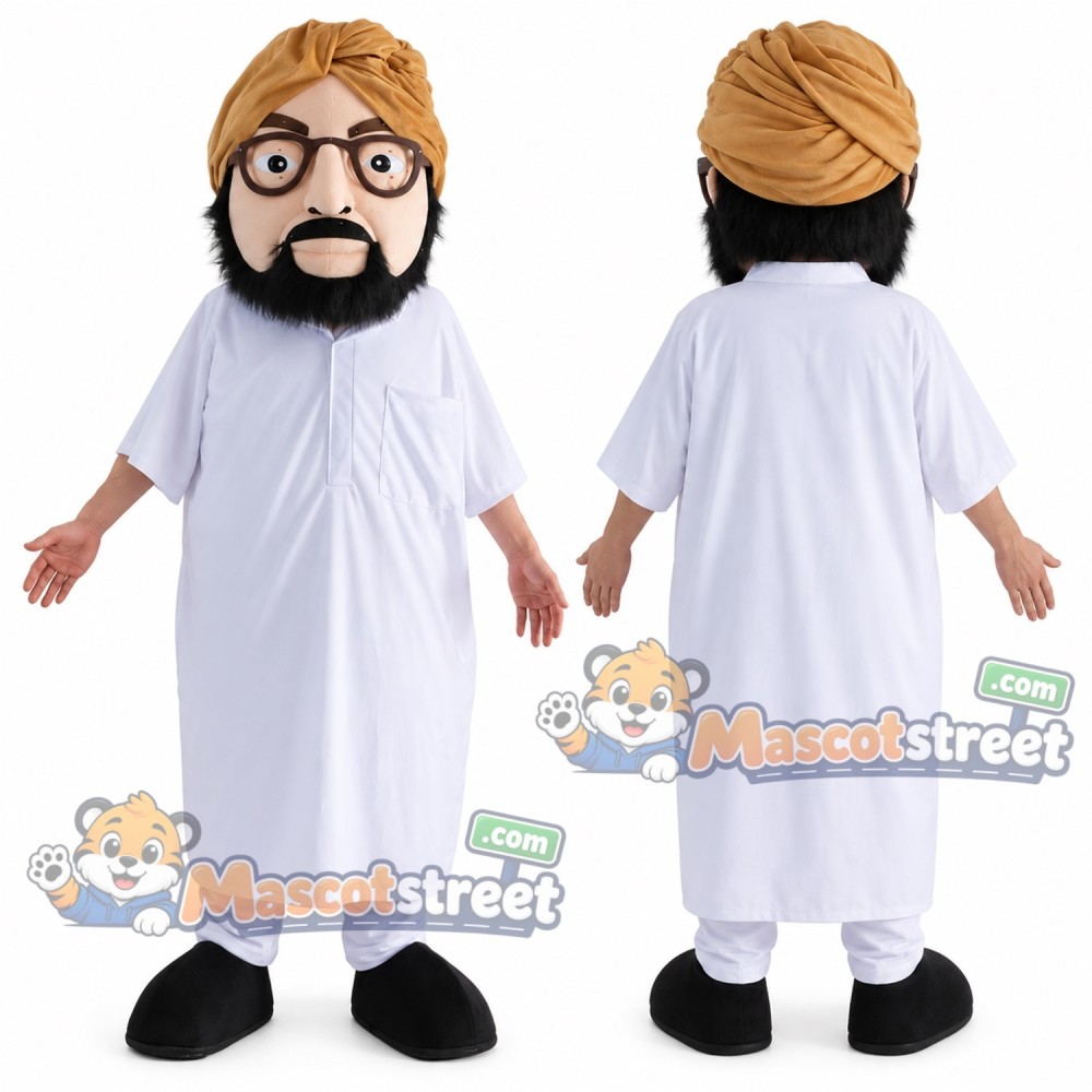 Man Mascot Costume with White Robe, Tan Turban and Glasses