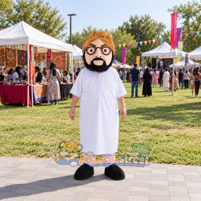 Man Mascot Costume with White Robe, Tan Turban and Glasses