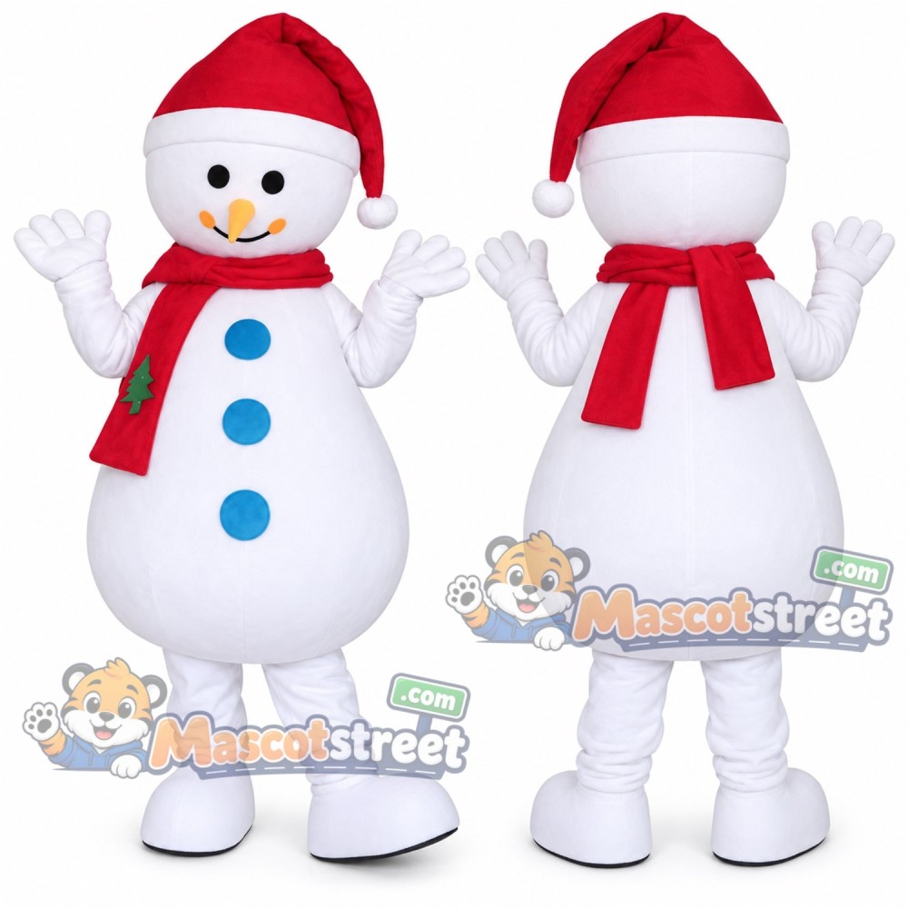 Snowman Mascot Costume with Red Scarf and Santa Hat Snowman Mascot Costume with Red Scarf and Santa Hat