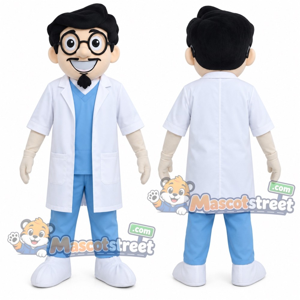 Doctor Mascot Costume with White Coat, Blue Scrubs and Glasses Doctor Mascot Costume with White Coat, Blue Scrubs and Glasses