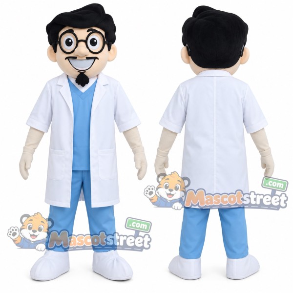 Doctor Mascot Costume with White Coat, Blue Scrubs and Glasses