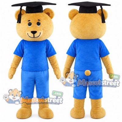 Yellow Bear Mascot Costume with Blue Shirt, Blue Shorts and Graduation Cap Yellow Bear Mascot Costume with Blue Shirt, Blue Shorts and Graduation Cap