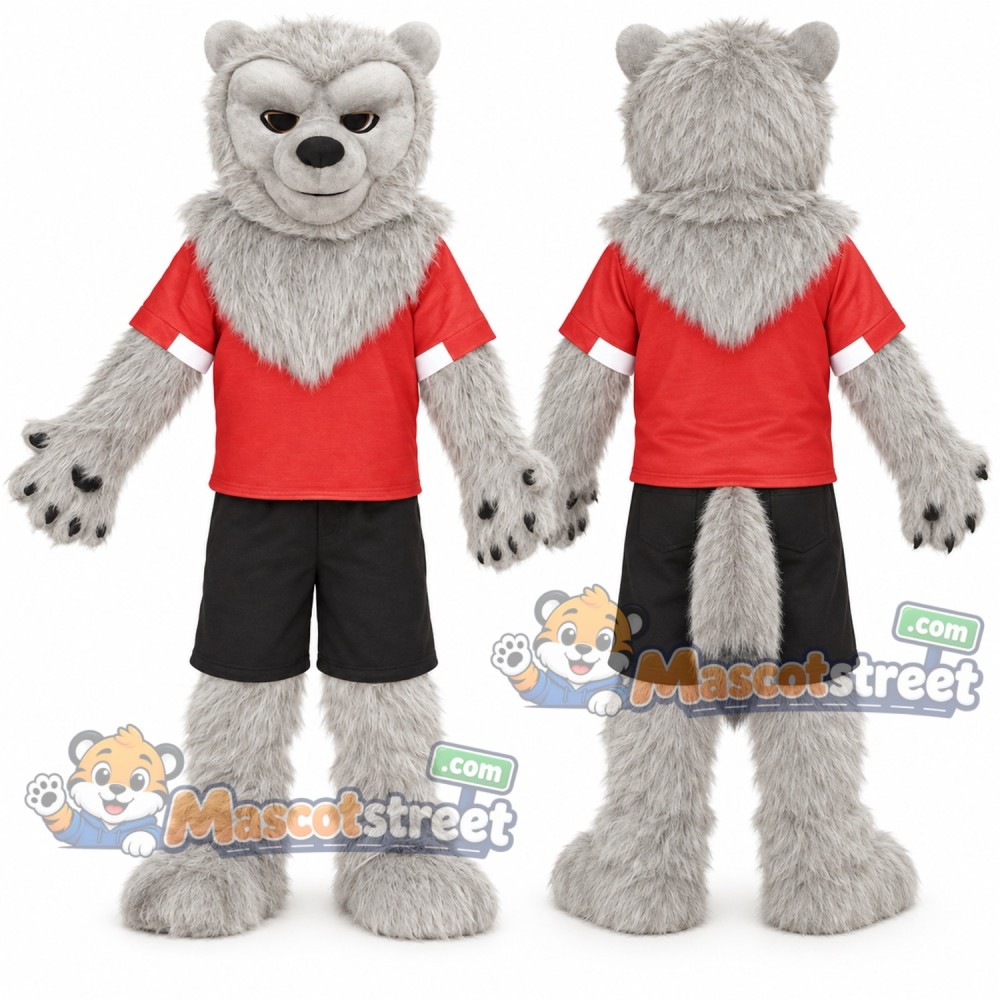 Gray Wolf Mascot Costume with Red Shirt and Black Shorts Gray Wolf Mascot Costume with Red Shirt and Black Shorts