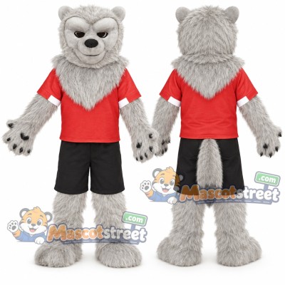 Gray Wolf Mascot Costume with Red Shirt and Black Shorts Gray Wolf Mascot Costume with Red Shirt and Black Shorts