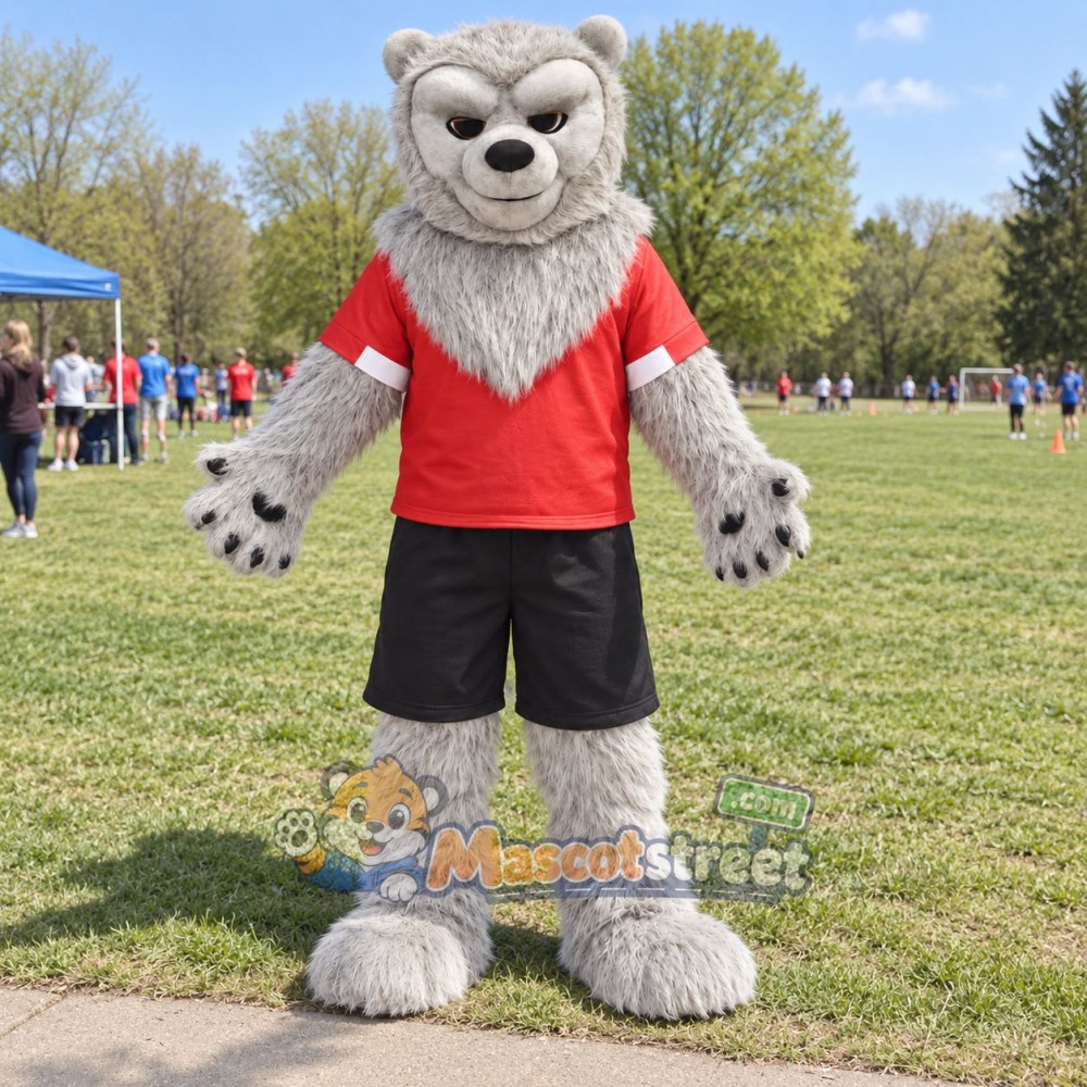 Gray Wolf Mascot Costume with Red Shirt and Black Shorts