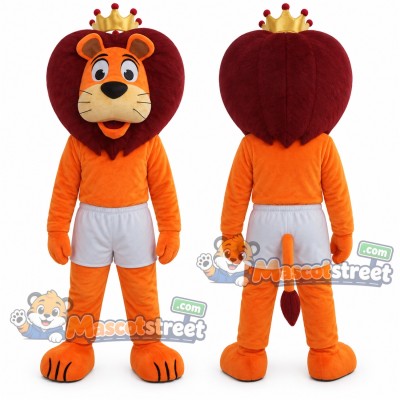 Orange Lion Mascot Costume with Gray Shorts and Crown