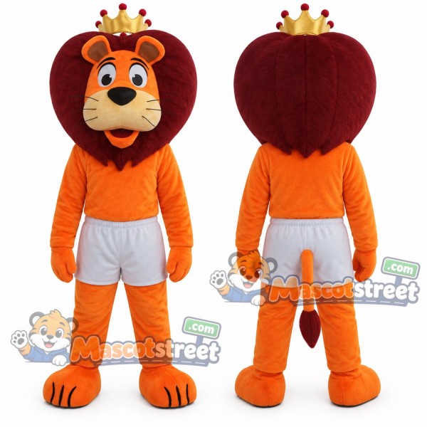 Orange Lion Mascot Costume with Gray Shorts and Crown