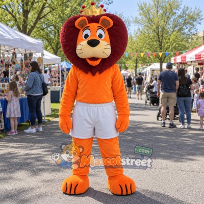 Orange Lion Mascot Costume with Gray Shorts and Crown Orange Lion Mascot Costume with Gray Shorts and Crown