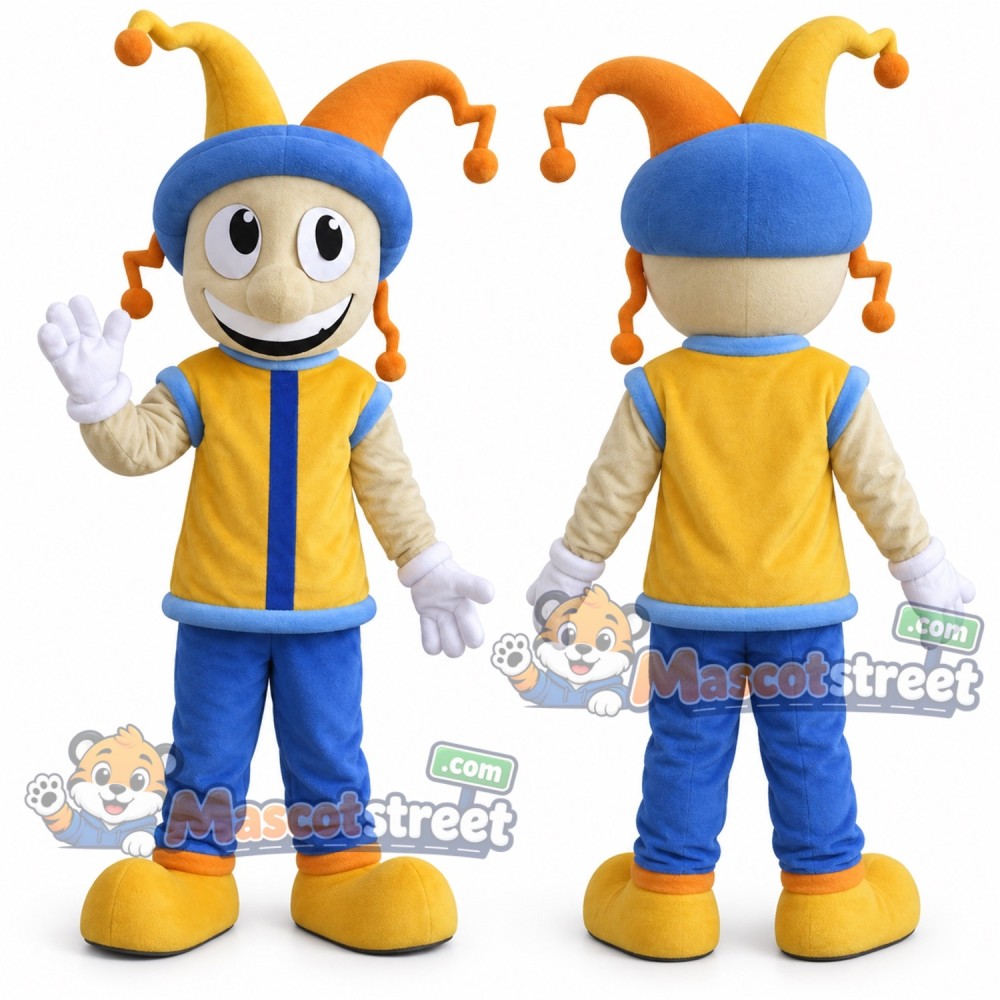 Jester Mascot Costume with Yellow Vest, Blue Trousers and Jester Hat