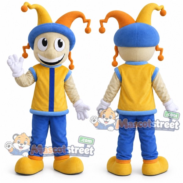 Jester Mascot Costume with Yellow Vest, Blue Trousers and Jester Hat