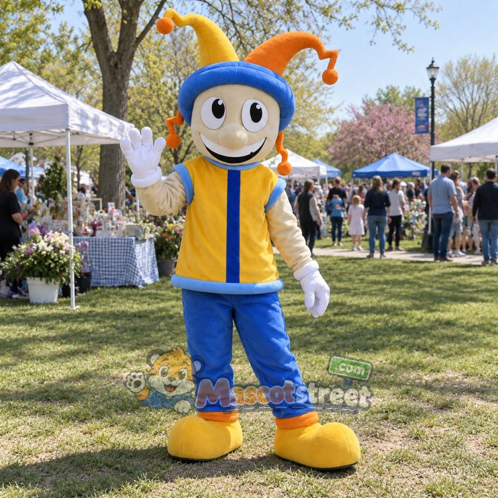 Jester Mascot Costume with Yellow Vest, Blue Trousers and Jester Hat
