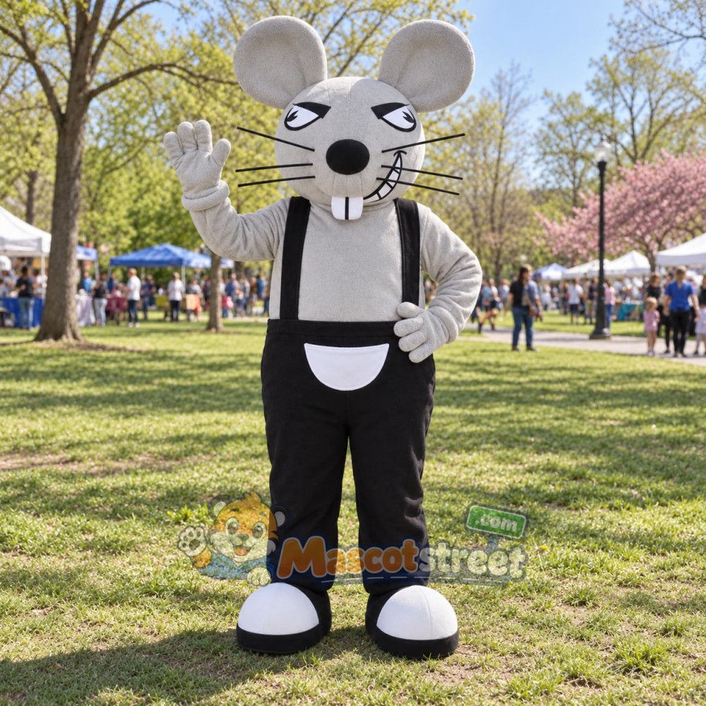 Gray Mouse Mascot Costume with Black Overalls Gray Mouse Mascot Costume with Black Overalls