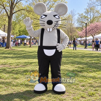 Gray Mouse Mascot Costume with Black Overalls Gray Mouse Mascot Costume with Black Overalls