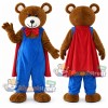 Brown Bear Mascot Costume with Blue Overalls and Red Cape
