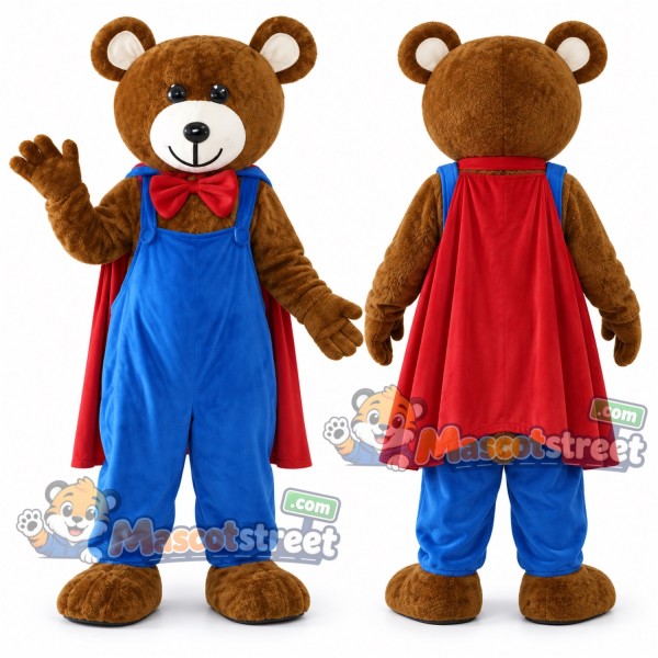 Brown Bear Mascot Costume with Blue Overalls and Red Cape