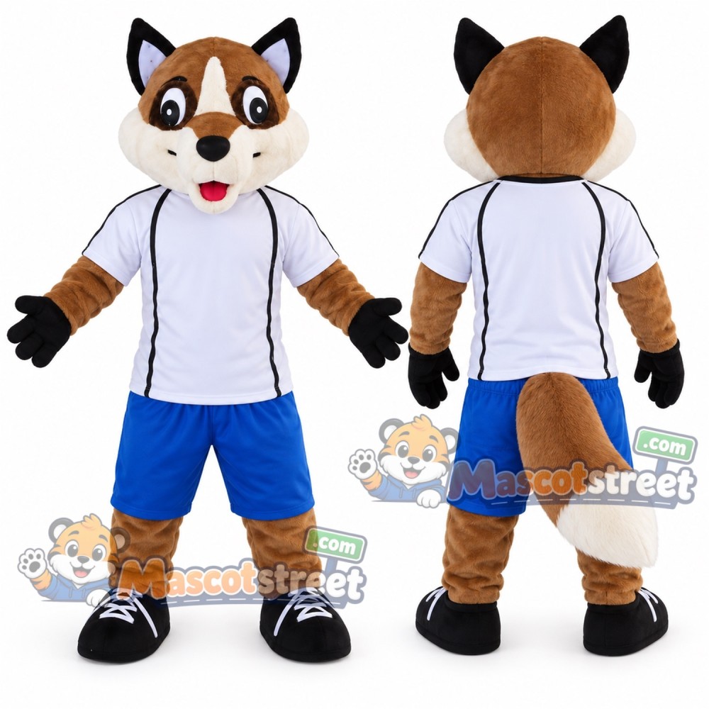 Brown Fox Mascot Costume with White Shirt and Blue Shorts Brown Fox Mascot Costume with White Shirt and Blue Shorts
