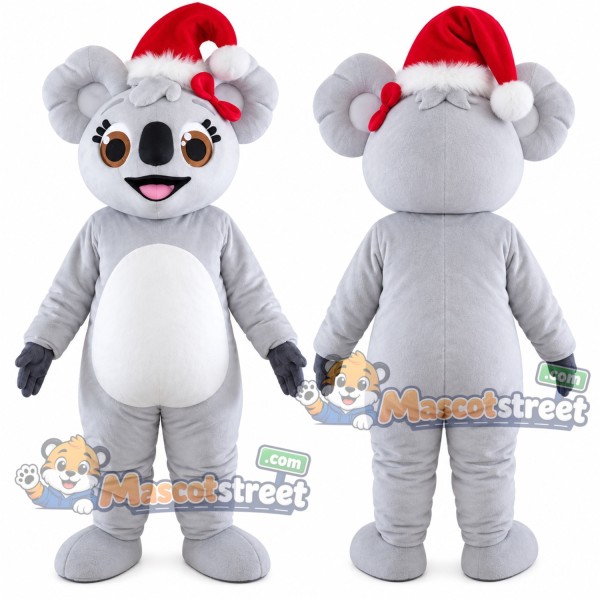 Gray Koala Mascot Costume with Santa Hat