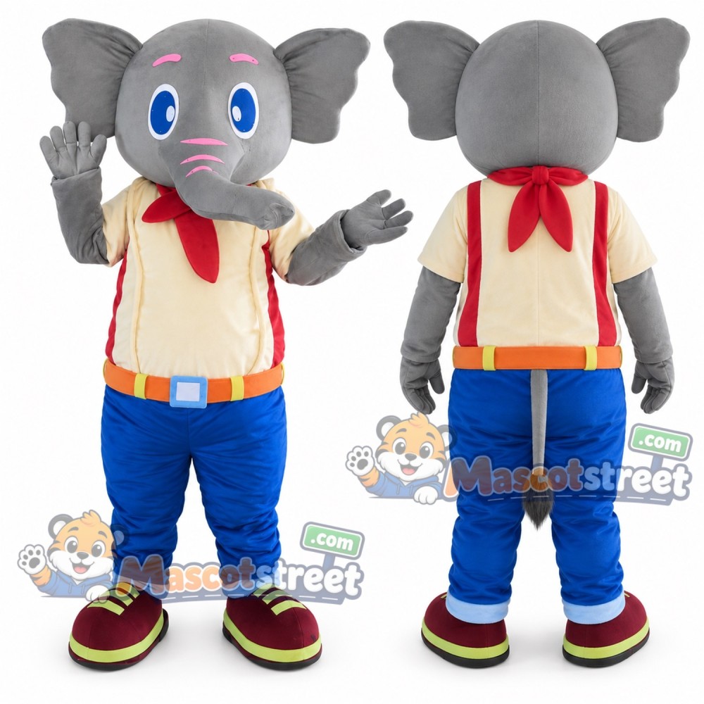 Gray Elephant Mascot Costume with Yellow Shirt, Blue Trousers and Red Backpack Gray Elephant Mascot Costume with Yellow Shirt, Blue Trousers and Red Backpack