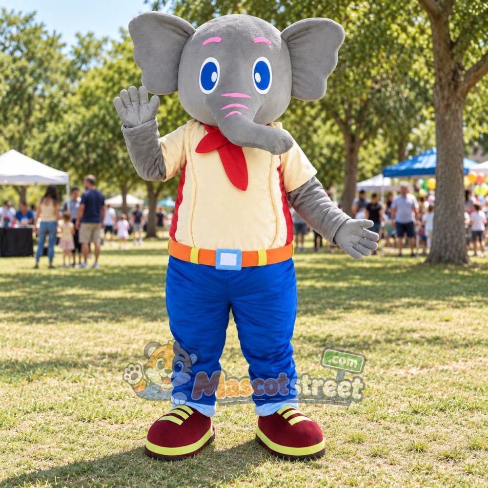 Gray Elephant Mascot Costume with Yellow Shirt, Blue Trousers and Red Backpack