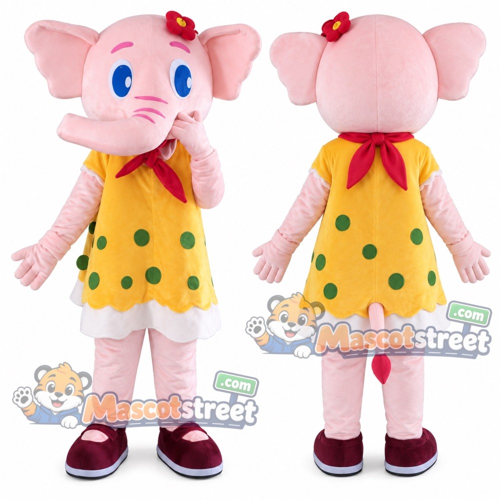 Pink Elephant Mascot Costume with Yellow Polka Dot Dress Pink Elephant Mascot Costume with Yellow Polka Dot Dress
