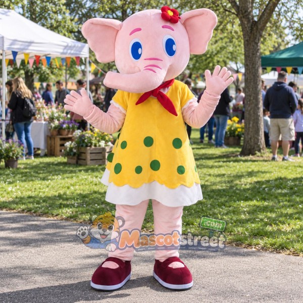 Pink Elephant Mascot Costume with Yellow Polka Dot Dress