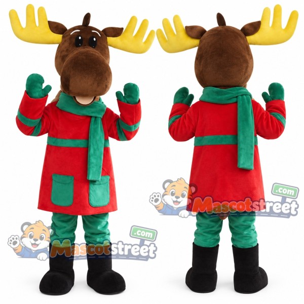 Brown Moose Mascot Costume with Red Coat and Green Scarf