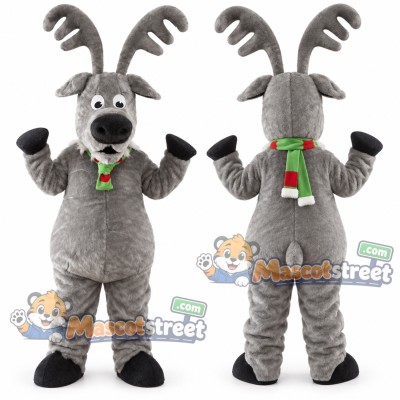 Gray Reindeer Mascot Costume with Green Scarf Gray Reindeer Mascot Costume with Green Scarf