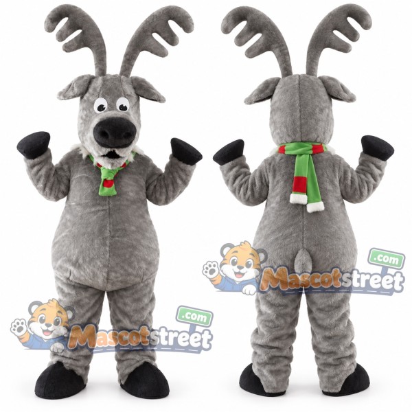 Gray Reindeer Mascot Costume with Green Scarf