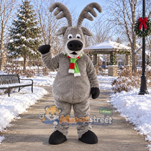 Gray Reindeer Mascot Costume with Green Scarf