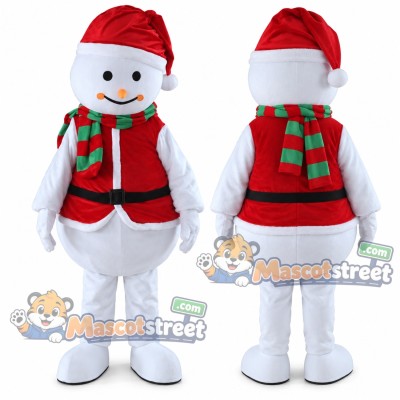 Snowman Mascot Costume with Red Vest, Green Scarf and Santa Hat