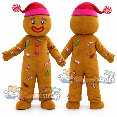 Gingerbread Person Mascot Costume with Pink Hat Gingerbread Person Mascot Costume with Pink Hat