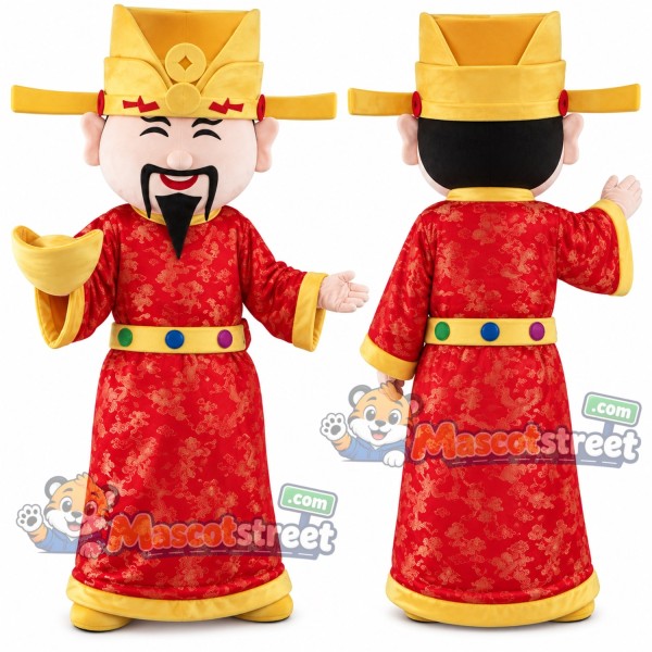 God of Fortune Mascot Costume with Red Robe and Gold Hat